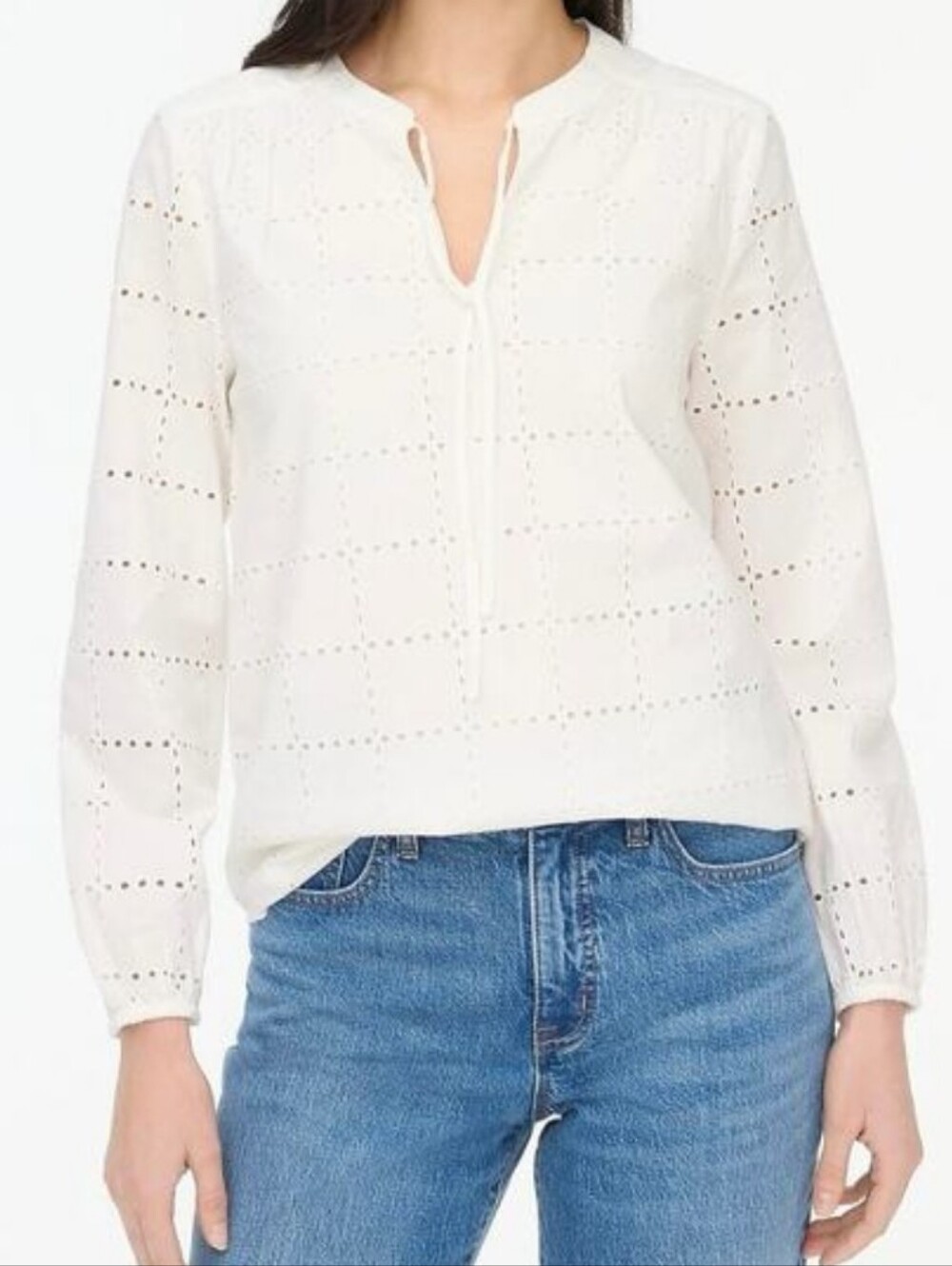J.Crew Factory Women's White Eyelet Long-Sleeve Blouse Size M